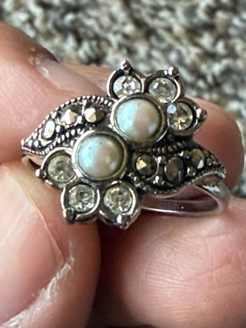 Avon Vintage Victorian Style Faux Pearl and Marcasite Costume Ring